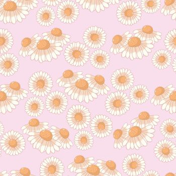 Seamless botanical ornament pattern with autumn daisy buds in pastel colors isolated on pink background in flat cartoon style