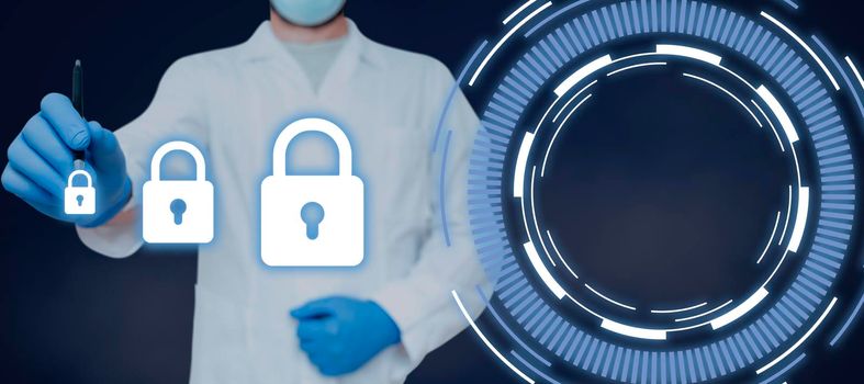 Doctor Holding Pen And Pointing On Digitally Generated Padlocks By Graphical Circle. Scientist Wearing Lab Coat And Glove Presenting Information On Cyber Security.