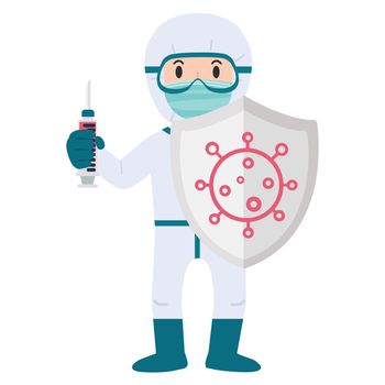 Biosafety worker With Shield And Syringe cartoon for covid19   