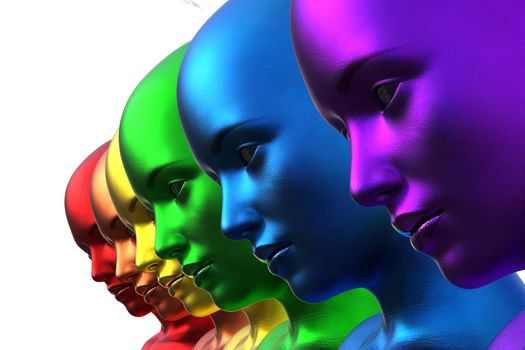 3d illustration. Row of multicolored women. Rainbow. metallic.