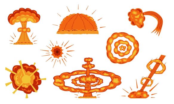 Set of cartoon explosions. Various explosions for comics and anime. Cartoon style. Vector.