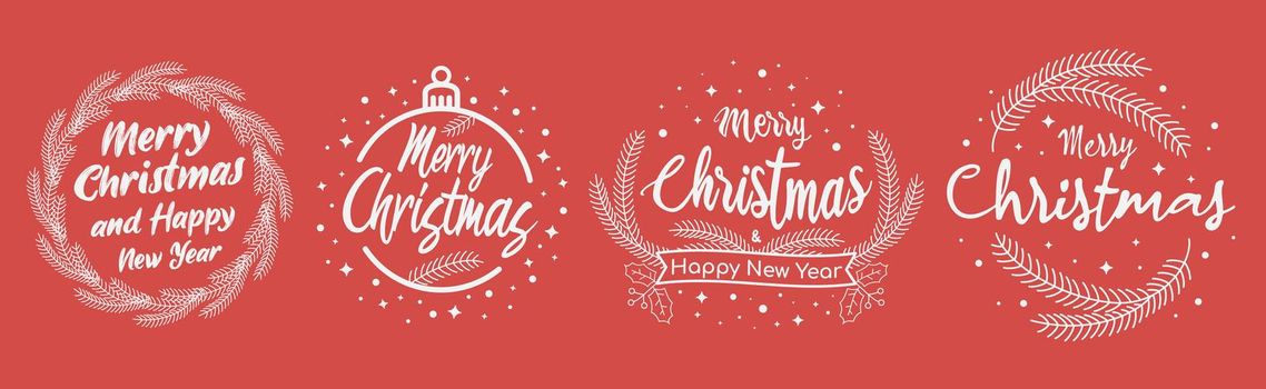 Merry Christmas hand drawn banners or logos. New Year text calligraphic lettering. Typography emblem or logo, handwritten wish card. Winter holiday poster template. Isolated vector illustration.