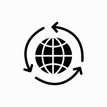 Black single round globe with sync arrow direction icon, simple grid continent shape line flat design pictogram vector for app logo ads web button ui ux interface elements isolated on white background