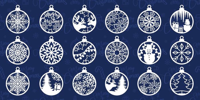 Silhouette of Christmas round toys. Christmas tree decorations set. Balls with deer, snowflakes and a snowman. Template for laser cutting. Background pattern. Isolated vector illustration.