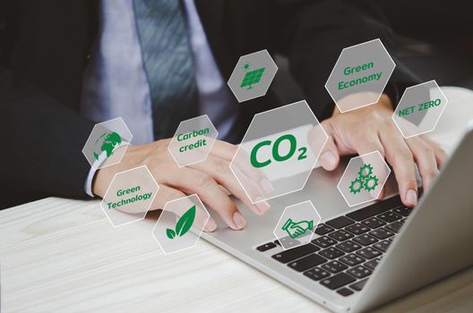 Organizations or companies develop carbon credit business virtual screen. Reduce CO2 emissions. Sustainable business development concept.