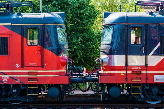 Two diesel locomotives facing each other