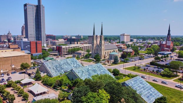 View above Botanical Conservatory in Fort Wayne with downtown in background