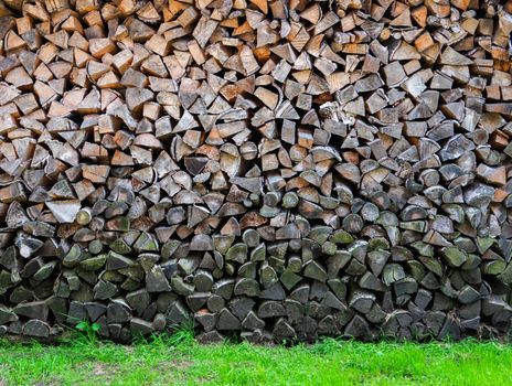Stacked firewood on green grass.