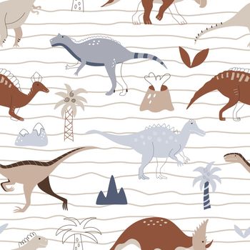 Childish seamless pattern with hand drawn dinosaurs, palm trees, and volcanoes