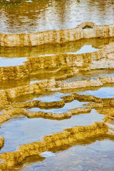 Water fills terraces in detail at Yellowstone hot springs