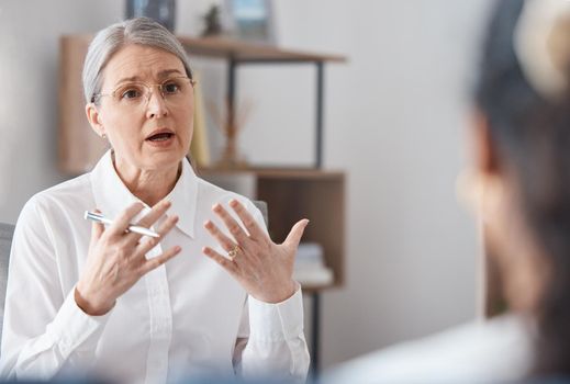 We tend to overthink. a mature psychologist sitting with her patient and asking questions during a consultation.