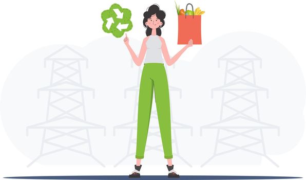 The girl is depicted in full growth holding an EKO icon and a package with proper nutrition. The concept of ecology, zero waste and healthy eating. Trend style, vector illustration.