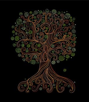 Old big family tree with roots on black background. Concept Art for your design. Design interior ideas.