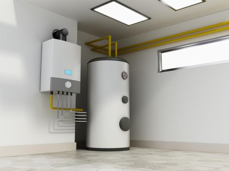 Electric water heaters connected with industrial water pipes. 3D illustration