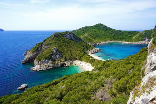 Porto Timoni beach in Corfu, a paradise place with double beach and crystalline water in Corfu Island, Greece, Europe