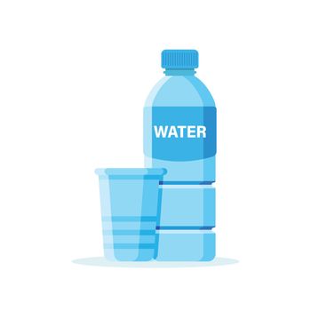 Water bottle and glass icon in flat style. Fitness drink vector illustration on isolated background. Healthy beverage sign business concept.