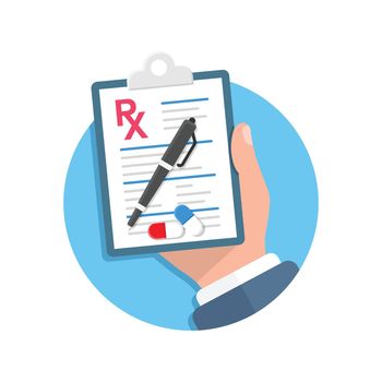 Medical prescription pad in hand illustration in flat style. Rx form vector illustration on isolated background. Doctor document sign business concept.