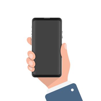 Smartphone in hand illustration in flat style. Mobile device vector illustration on isolated background. Gadget sign business concept.