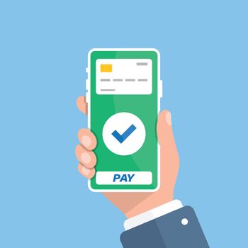 Mobile payment in hand illustration in flat style. Online shopping vector illustration on isolated background. NFC pay sign business concept.