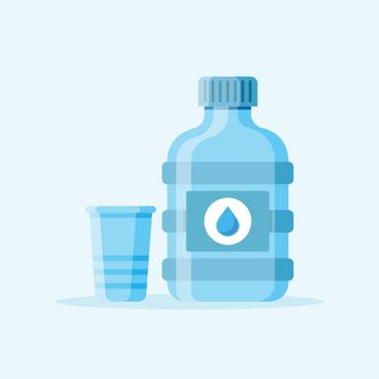 Water bottle and glass icon in flat style. Fitness drink vector illustration on isolated background. Healthy beverage sign business concept.