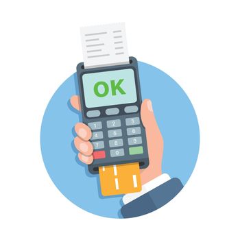 Male hand holding POS payment machine icon in flat style. Online payment vector illustration on isolated background. Banking transaction sign business concept.