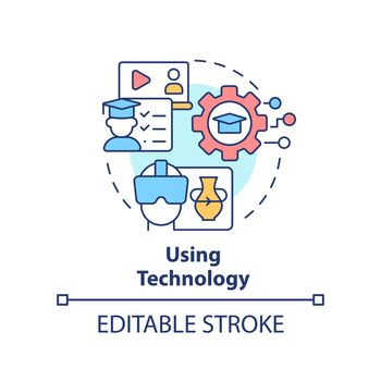 Using technology concept icon. Micro learning strategy abstract idea thin line illustration. Virtual reality training. Isolated outline drawing. Editable stroke. Arial, Myriad Pro-Bold fonts used