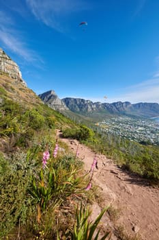 Exploring scenic mountain hiking trail on summer day with active adrenaline activity. Landscape view of path leading to peaceful coastal city on Table Mountain National Park, Cape Town, South Africa.