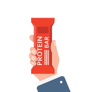 Protein bar in hand illustration in flat style. Fitness dessert vector illustration on isolated background. Energy nutrient sign business concept.