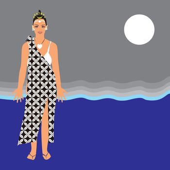 Illustration of a beach dress with a kawung batik motif, Yogyakarta, Indonesia