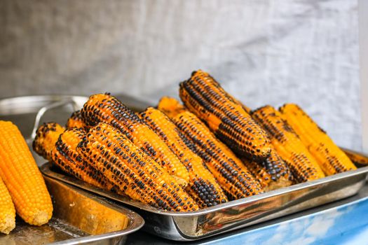 Grilled, roasted sweet corn ready to sell at a street food festival