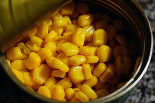 Canned sweet corn close up view