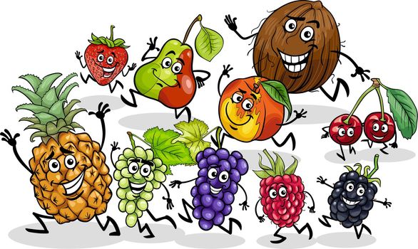 cartoon playful fruit comic characters group