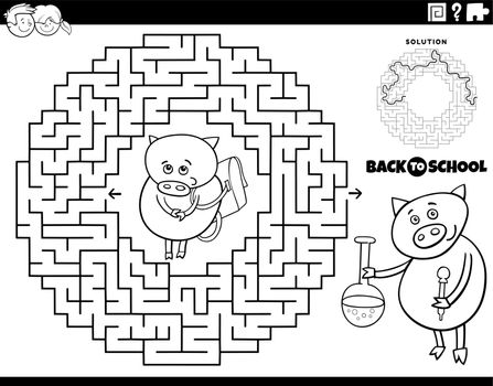 maze with cartoon piglet going to school coloring page