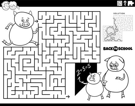 maze with cartoon piglet running to school coloring page