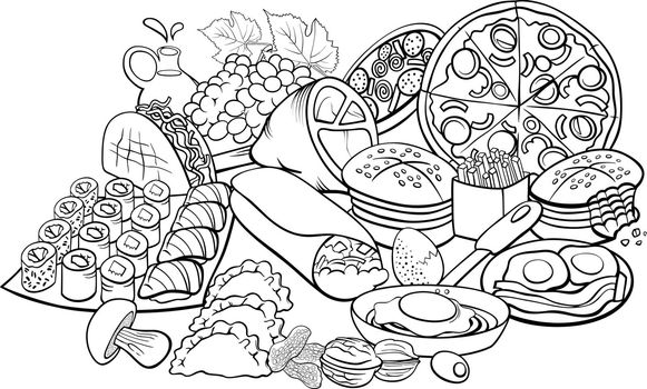 food objects and dishes group cartoon coloring page