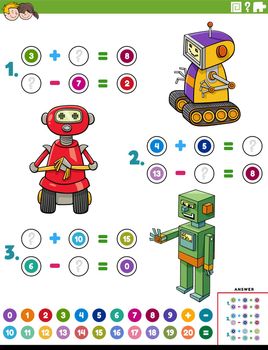 addition and subtraction worksheet with cartoon robots