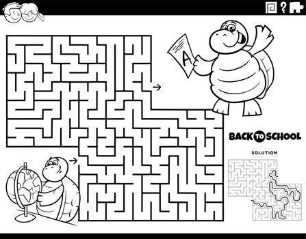 maze with turtle studying for a geography test coloring page
