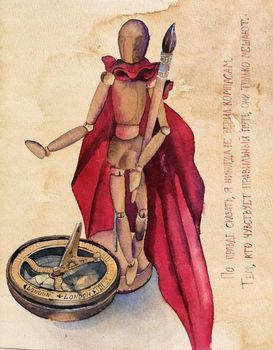 Hand drawn watercolor wooden artist in a scarlet cloak with brush and a compass on a beige background