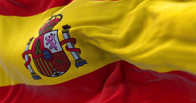 Close-up view of Spain national flag waving in the wind