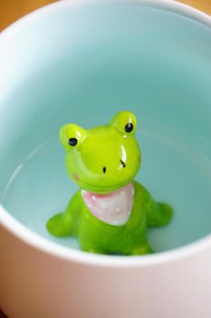 Cute frog figurine in the white mug with babyblue base