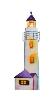 Maritime lighthouse tower on rock stones island. Hand painted water color graphic drawing on white with copy space, cutout clipart design element for marine card, banner, frame, border, poster, decor.