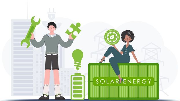 ECO are caring people. The concept of ecology and green energy. Vector trend illustration.