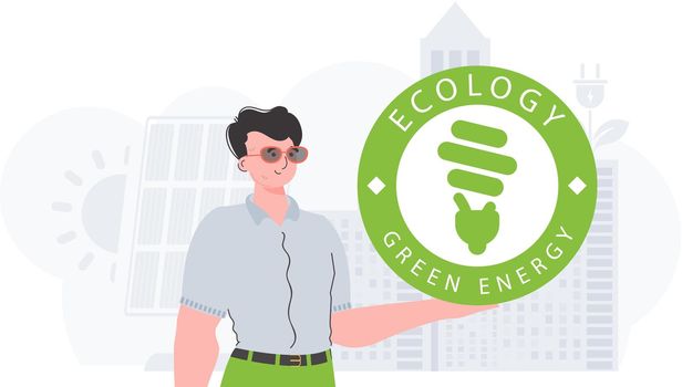 ECO friendly concept. A man holds the ECO logo in his hands. Fashionable, trendy style. Vector.