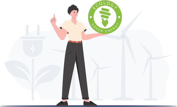 ECO friendly concept. The guy holds the ECO logo in his hands. Vector trend illustration.