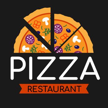 Pizzeria logo template. Pizza vector emblem on a chalkboard. Vector emblem for fast food, food delivery service, restaurant or cafe.