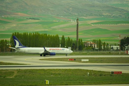 7 May 2022 Ankara Turkey. Anadolu jet boeing preparing to depart on Esenboga airport