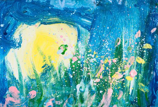 Photo of real draw painted by kindergarten preschool child. Watercolor gouache mix colours. Concept art education class therapy inspiration. Green grass under snow yellow sun blue sky pink splashes
