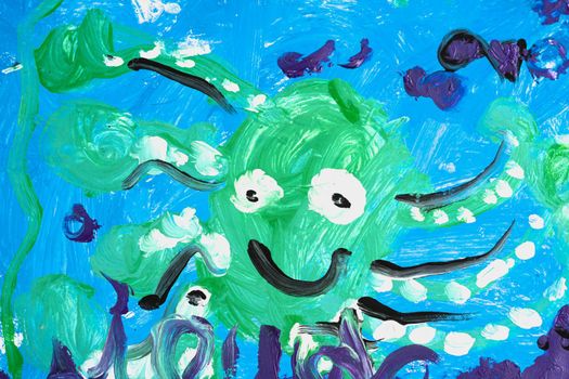 Photo of real draw painted by kindergarten preschool child. Watercolor gouache pencil mix colours. Concept art education class therapy, inspirational hobby. Green octopus smiles blue underwater world