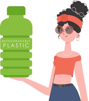 A woman holds a bottle made of biodegradable plastic in her hands. Concept of green world and ecology. Isolated. Trend style.Vector illustration.