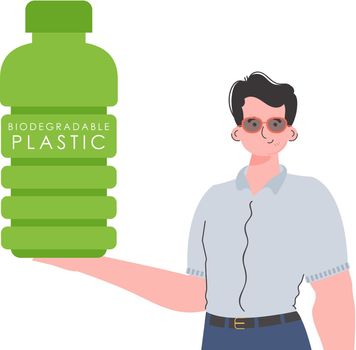 A man holds a bottle made of biodegradable plastic in his hands. Concept of green world and ecology. Isolated. Trend style.Vector illustration.